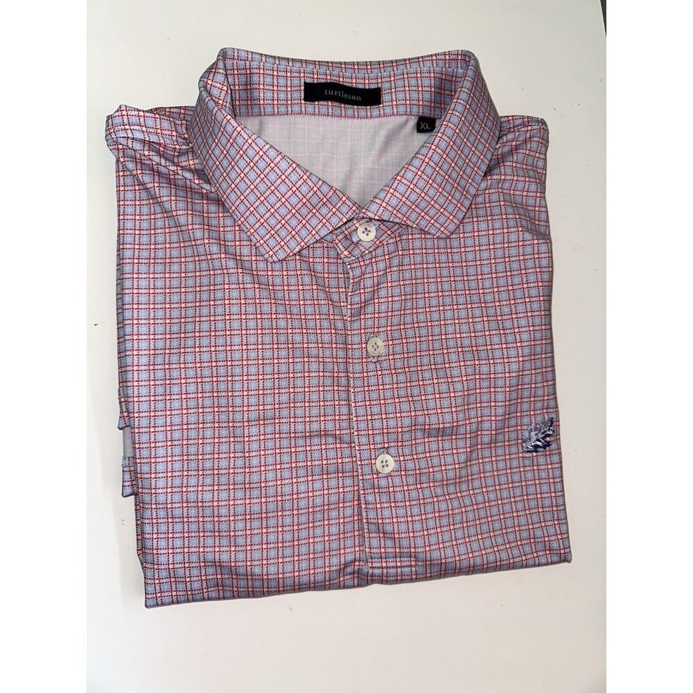 TURTLESON TOUR PERFORMANCE GOLF POLO SHIRT MENS SIZE XL RED/LIGHT BLUE PRINT